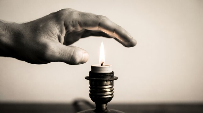A hand hovers protectively over a small oil lamp burning with a bright flame in a dark, muted environment.