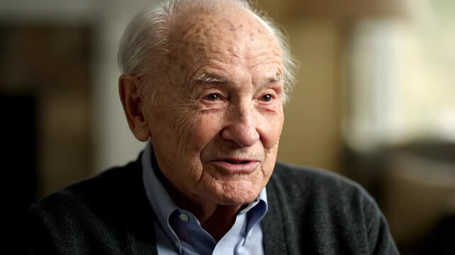 Close-up of an elderly person indoors, close-up of an elderly person smiling and talking