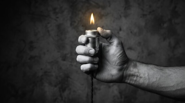 A hand holds a metal light bulb socket with a small candle flame burning within its core.