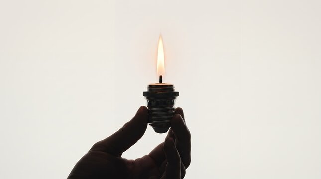 A hand holds a light bulb socket with a burning candle flame against a bright, white background.
