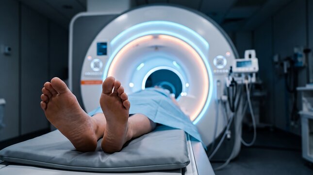 A patient lies on a motorized table entering an MRI scanner for a diagnostic medical examination in a modern hospital setting.