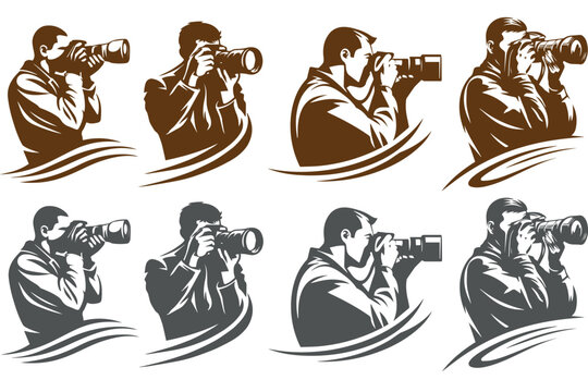 Photographer vector set, cameraman with DSLR camera brown and grey silhouette bundle