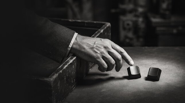 A hand emerges from a worn, old wooden box, its fingers reaching towards two dark, square buttons.
