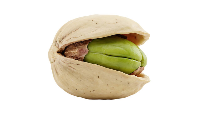 Cracked pistachio nut shell with green kernel, PNG cutout graphic, isolated on transparent background
