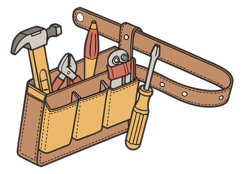 Leather Tool Belt Containing Essential Construction Equipment and Manual Hand Tools for Professional Carpentry and Home Improvement Projects