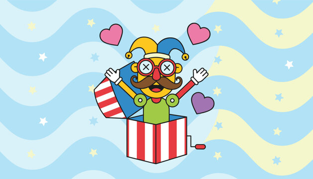 Whimsical vintage jack in the box toy popping open with hearts on a wavy star and moon yellow and blue background.