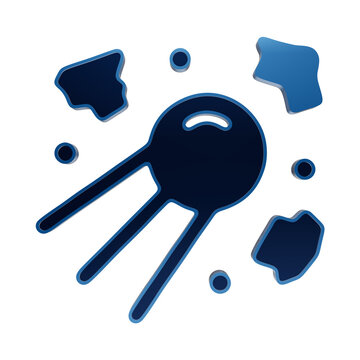 A 3D blue glowing sputnik satellite icon surrounded by floating space debris, isolated on a transparent background, for space exploration, and history themes isolated on a transparent background