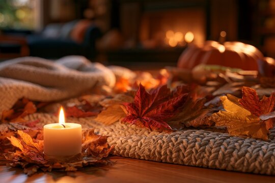 Candle glows softly amid autumn leaves