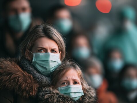 Crowd of adults wearing protective face masks in a public space, healthcare awareness, infection prevention, community safety.