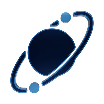 A 3D blue glowing planet icon with an orbiting ring and two moons, isolated on a transparent background, for space and, astronomy educational concepts isolated on a transparent background