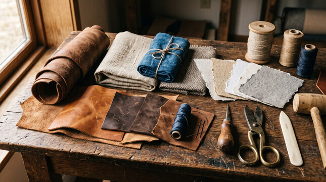 craft workshop table with leather fabric tools and handmade paper