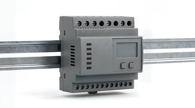 Industrial programmable logic controller mounted on metal din rail