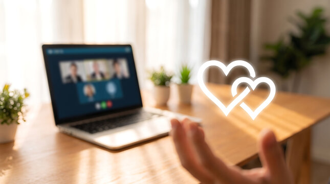 Laptop on Desk with Floating Linked Hearts Love, Relationship and Online Connection Concept