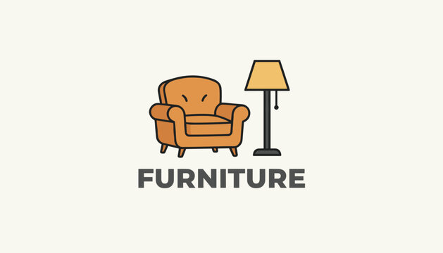 Elegant minimalist furniture logo design featuring a comfortable brown armchair next to an illuminated floor lamp.