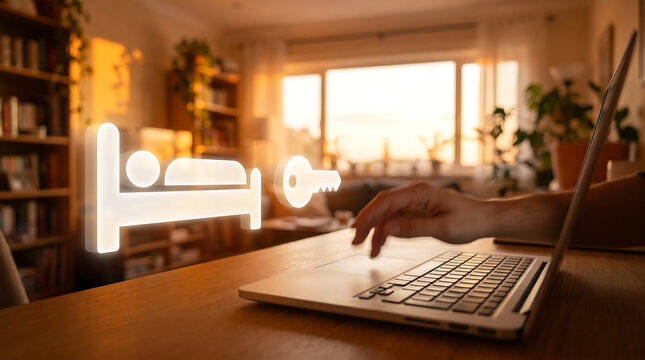 Hand Typing on Laptop with Bed and Location Pin Hotel Booking, Accommodation and Travel Planning Concept