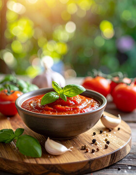 Delicious tomato sauce with garlic and fresh basil in bowl on wooden board, aromatic and fresh ingredients, rustic kitchen style. Tasty food. Close-up.