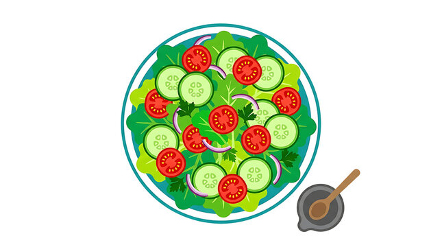 Flat vector illustration of fresh salad with cucumber, tomato, and lettuce, isolated on transparent background