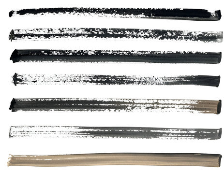 Brush stroke textures in black and brown isolated on white, rough stroke elements