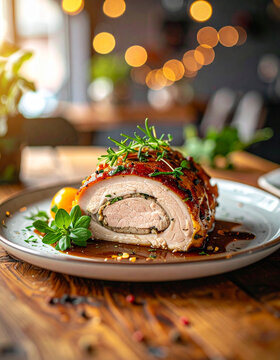 Turkey roulade garnished with fresh herbs on wooden table, delicious food, appetizing meal. Cooking and culinary concept. Close-up.