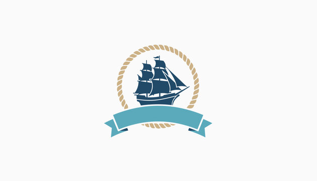 Marine sailing ship clipper emblem with an elegant rope frame and blue ribbon for logo design on white background.