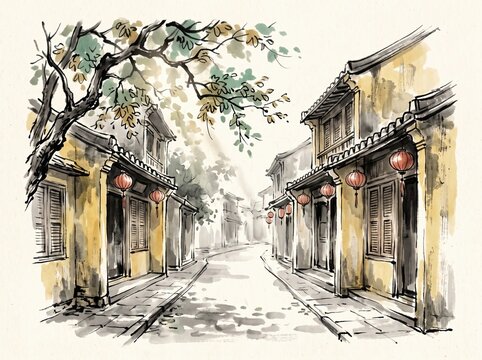 Quiet Hoi An Ancient Town street during a gentle autumn morning, weathered yellow plaster walls, traditional tiled roofs, wooden, xieyi sumi-e ink wash painting