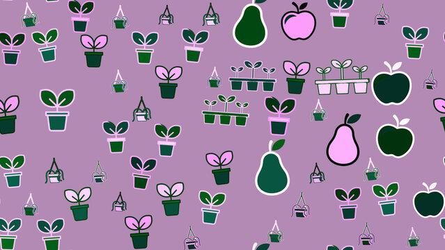 Seamless pattern of potted plants, seedlings, apples, and pears