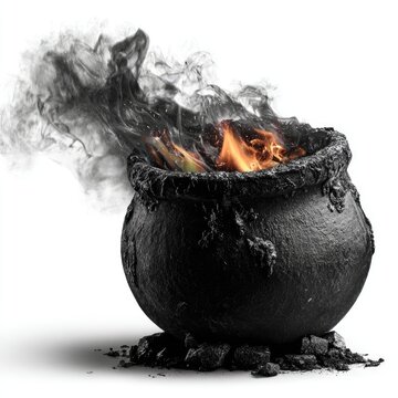Dark cauldron in flames, smoke rising