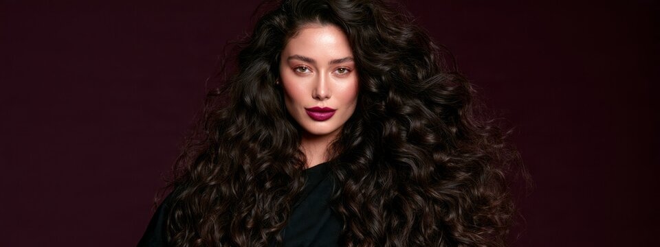 Woman with voluminous curly hair gazes directly