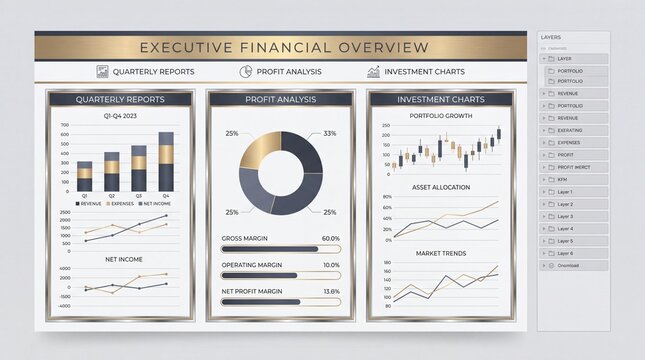 Executive financial overview dashboard with quarterly reports. Profit analysis and investment charts. Elegant data visualization template featuring bar charts and pie charts for corporate strategy