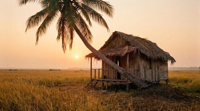 Rustic thatched roof hut nestled in a golden rice field at sunset