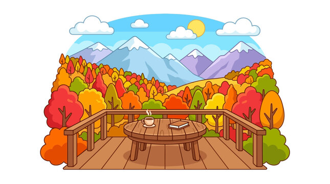 Wooden balcony with table facing autumn mountain vista.