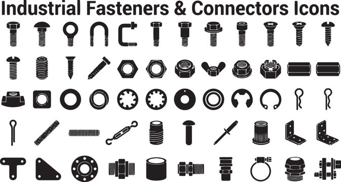 Collection of industrial fasteners and connectors flat icons on a white background assembly bolt