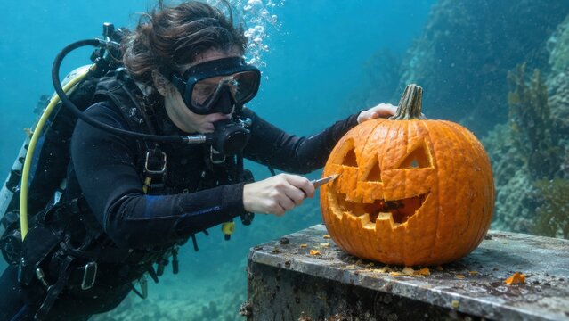 Scuba diver carving jack o lantern pumpkin underwater for Halloween