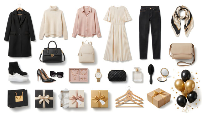 Minimalist capsule wardrobe collection, stylish women's clothing and fashion accessories set, elegant apparel flat lay with gift boxes Black Friday