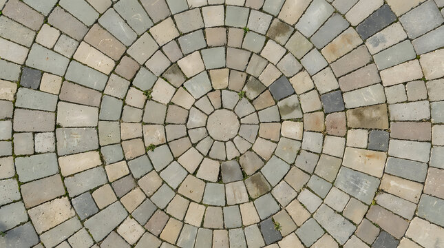 Circular cobblestone paving pattern on a garden path