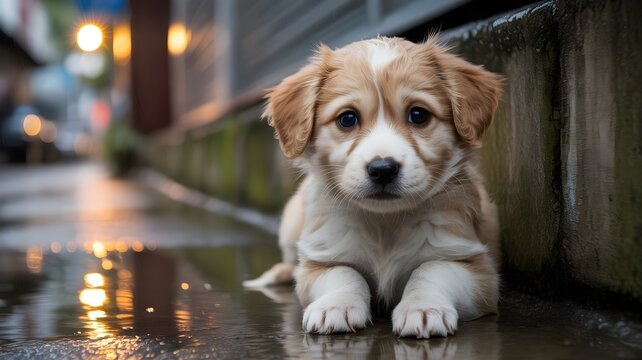 Adorable cachorro callejero con mirada triste descansando en una calle mojada al atardecer