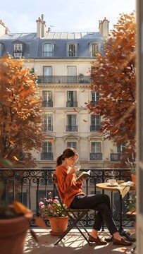 Mujer joven leyendo un libro en el balc&oacute;n de un apartamento con vistas a una calle urbana en oto&ntilde;o