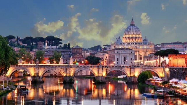 Breathtaking HD shot of   Ponte Sant'Angelo and St. Peter's Basilica in Rome, Italy, with its illuminated dome, the historical Ponte Sant'Angelo bridge spanning the Tiber River, and soft reflections o