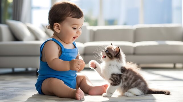 Adorable beb&eacute; jugando alegremente con un tierno gatito cachorro en la sala de estar de casa