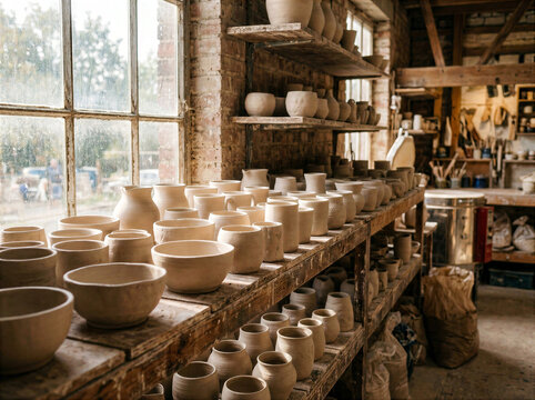 Handmade Ceramic Pottery Collection in Rustic Artisan Workshop