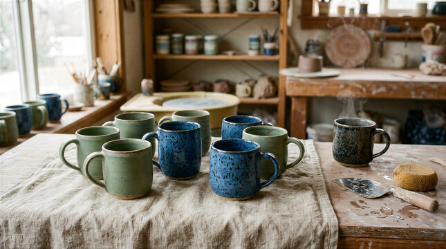 Handmade Ceramic Pottery Mugs Displayed in a Cozy Artisan Studio