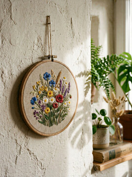 Handmade Floral Embroidery Hoop with Colorful Botanical Design