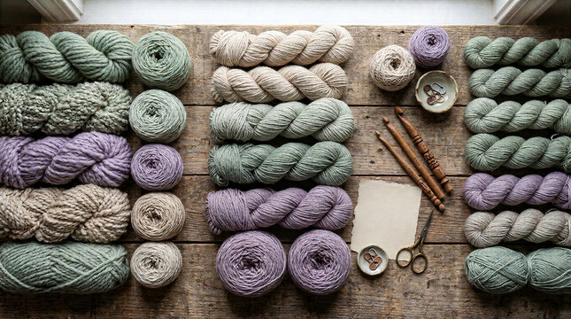 Colorful Yarn Skeins and Knitting Supplies for Handmade Textile Crafts