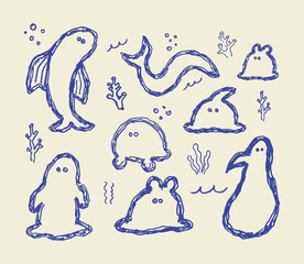 Fototapeta premium Set of cute hand drawn doodle sketches of ocean animals and sea creatures