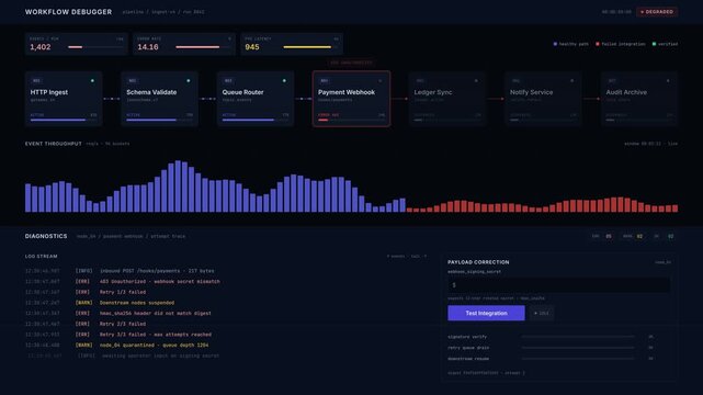 A visual workflow debugging dashboard showcases failed integrations and testing corrections with a terminal-inspired UI and animated node graphs in a dark theme.