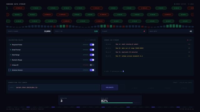 A comprehensive workflow input validation dashboard that rejects invalid data while testing corrections in real-time, featuring dynamic visuals and interactive elements.