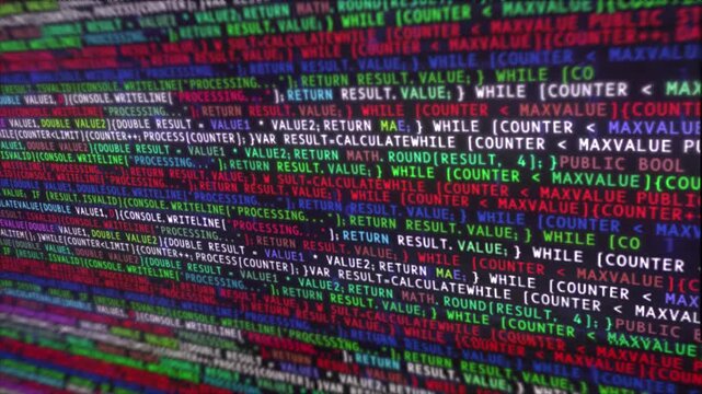 Data Processing and Programming Code on Computer Screen. Software Technology concept. 4K animation
