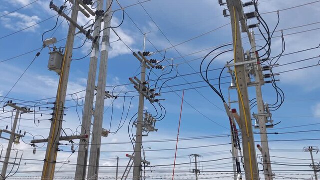 Video of preparing to open a disconnect switch on a riser pole using a hot stick, industrial high voltage electrical power grid distribution network maintenance.