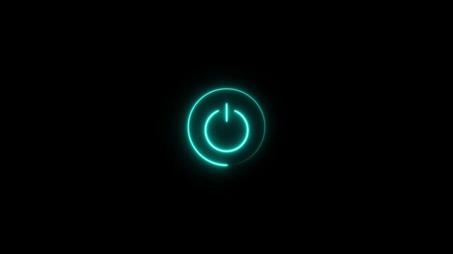 Neon power button glowing with circular loading animation on black background