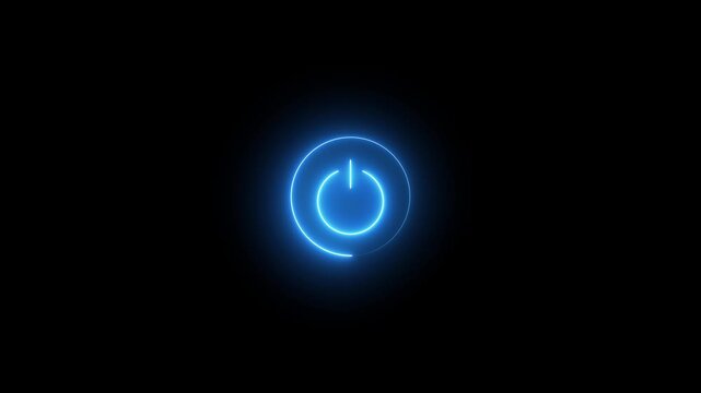 Glowing blue neon power button animation on black background, for tech interface, technology